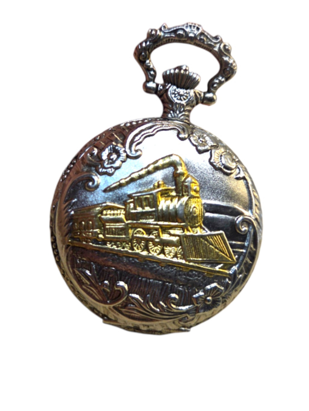 Vintage-Style Locomotive Train Pocket Watch – Ornate Engraved Hunter Case, Quart